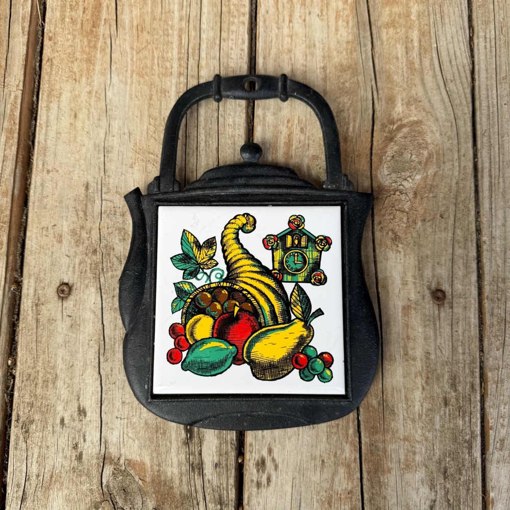 Decorama Vintage Trivet 9" Black Kettle Cast Iron Ceramic Cornucopia‎ Japan